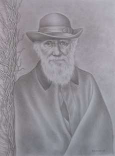 Pencil Sketch of Charles Darwin by Michelle Bakay.  Inspired by an 1881 photograph of Darwin standing on the veranda at Down House by Elliot and Fry of London.  Darwin was seventy-two at the time.